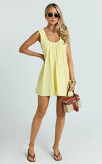 Deep U Gathered Neck Smock Dress in Lemon