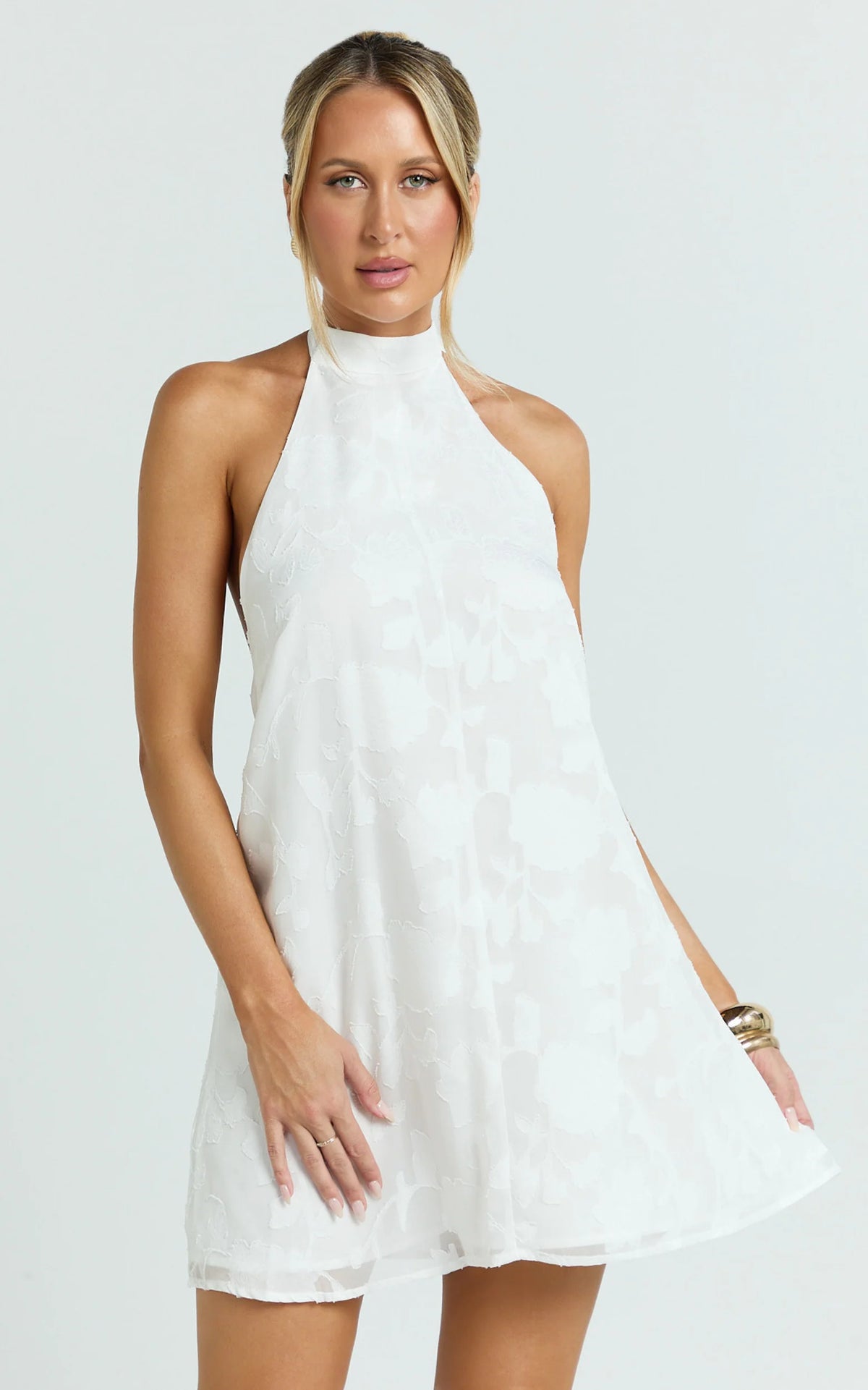 Jacquard Halter A Line Dress in White