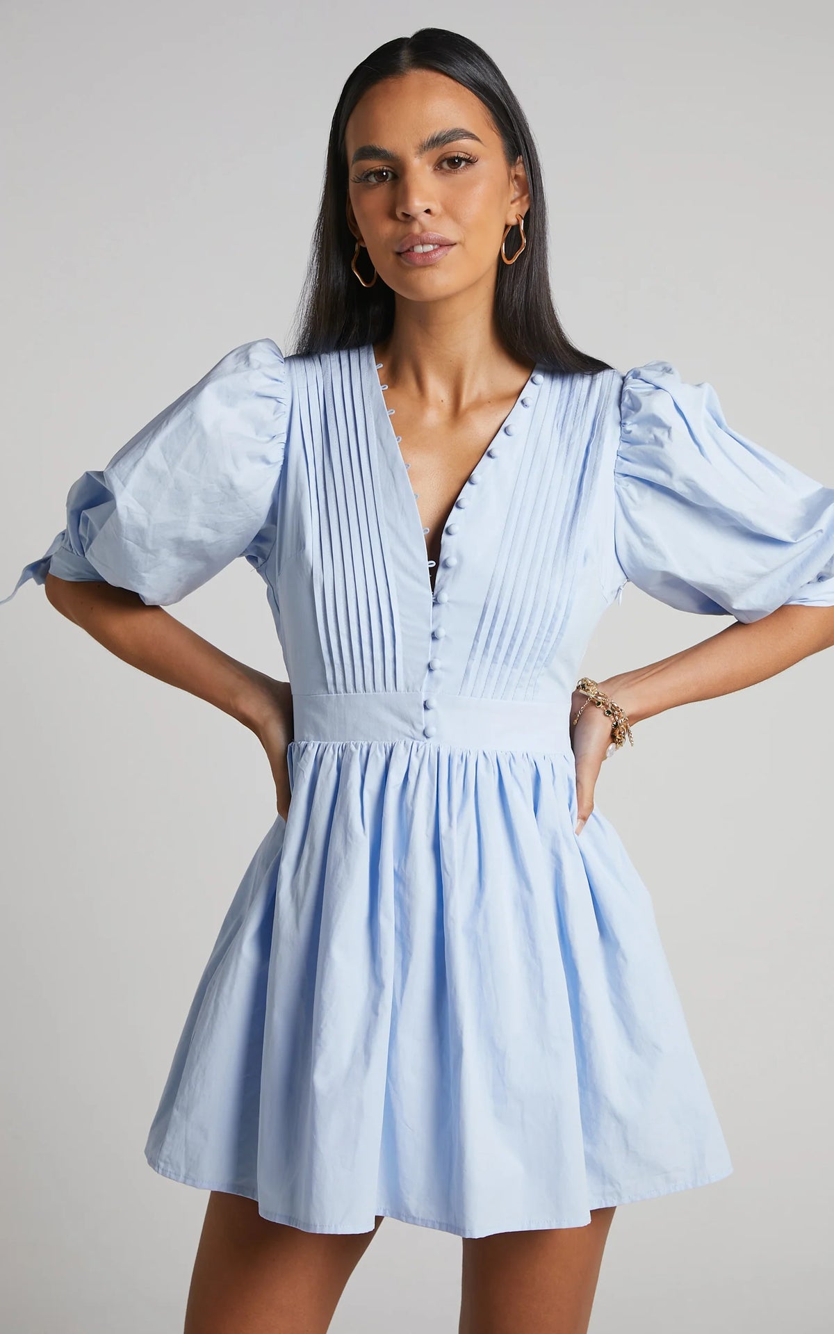 Puff Sleeve Poplin Dress in Icy Blue