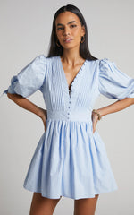 Puff Sleeve Poplin Dress in Icy Blue