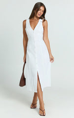 Button Through V Neck Dress in White