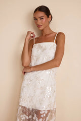 Cassie White Sequin Embroidered Sheer Hem Maxi Dress