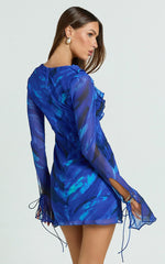 Ruffle Plunge Neck Long Sleeve Tie Detail Dress in Blue Abstract