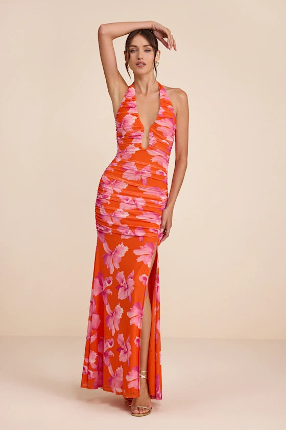 Fiametta Orange and Pink Floral Ruched Maxi Dress