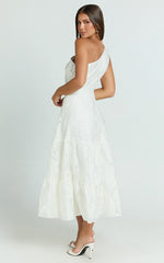 One Shoulder Pleated Tiered Dress in White