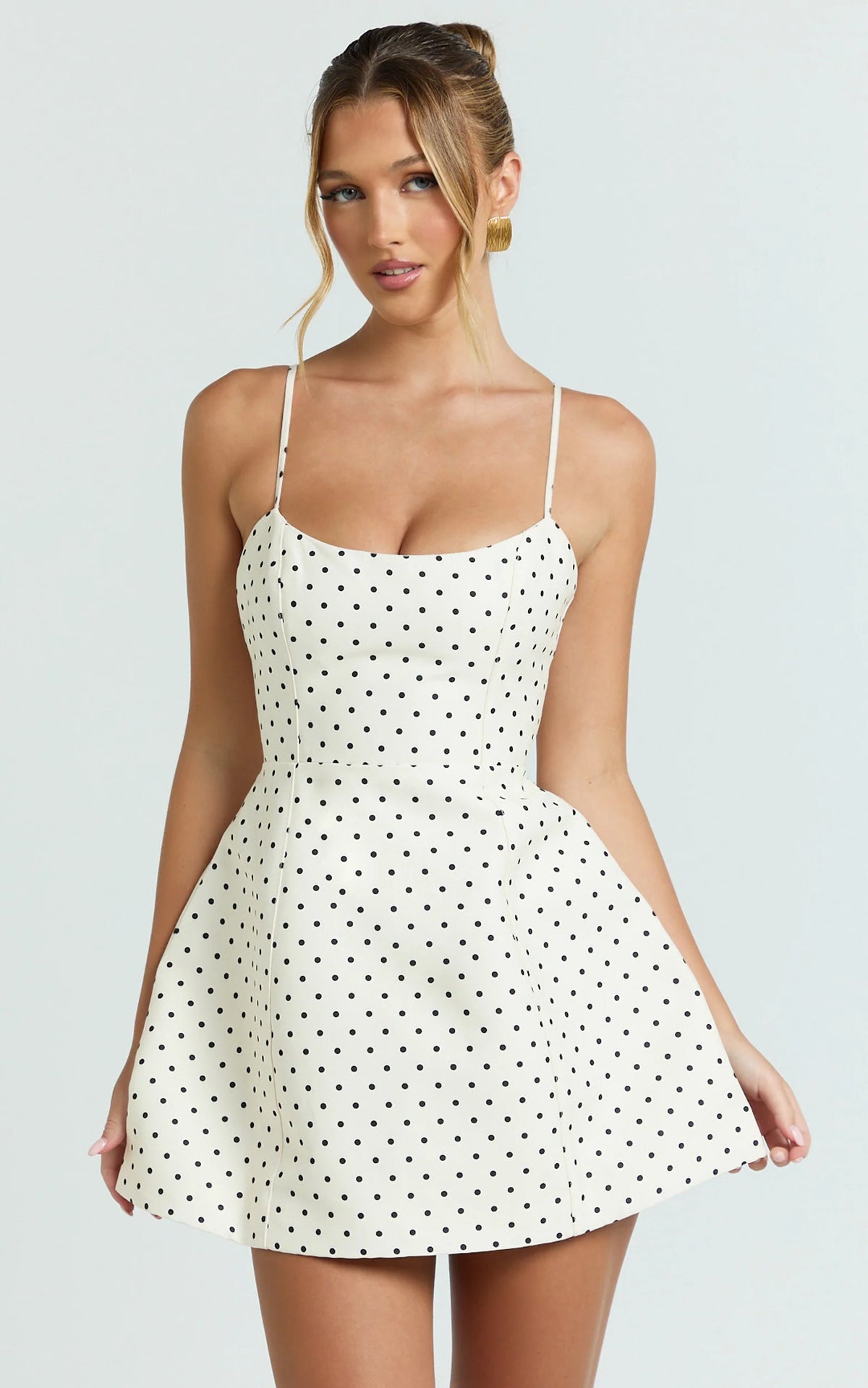 Scoop Neck Panel Bodice Dress in White Polka Dot