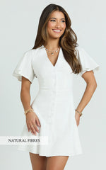 Flutter Sleeve Button Through Dress in White