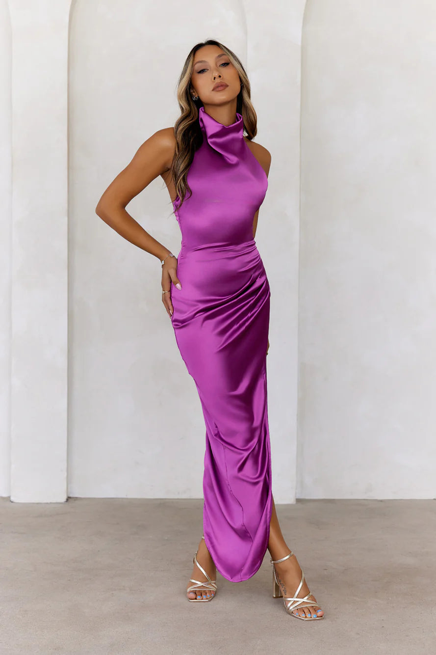 Party In Mexico Satin Halter Maxi Dress Purple