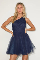 Exceptional Moments Navy Swiss Dot One-Shoulder Mini Dress
