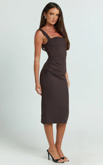 Square Neck Ruched Bodycon Dress in Chocolate