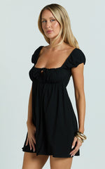 Puff Sleeve Front Tie Babydoll Dress in Black