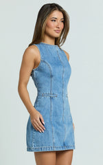 High Neck Fitted Denim Dress in Mid Blue Wash