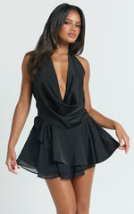 Halter Cowl Neck Asymmetrical Skirt Dress in Black