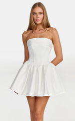 Ruched Bust Fit And Flare Strapless Corset Bodice Dress With Lace Up Back in White