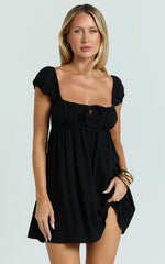 Puff Sleeve Front Tie Babydoll Dress in Black
