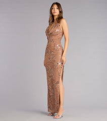 Maren Floral Sequin Mesh Halter Formal Dress