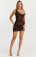 One Shoulder Contrast Bodycon Dress in Chocolate