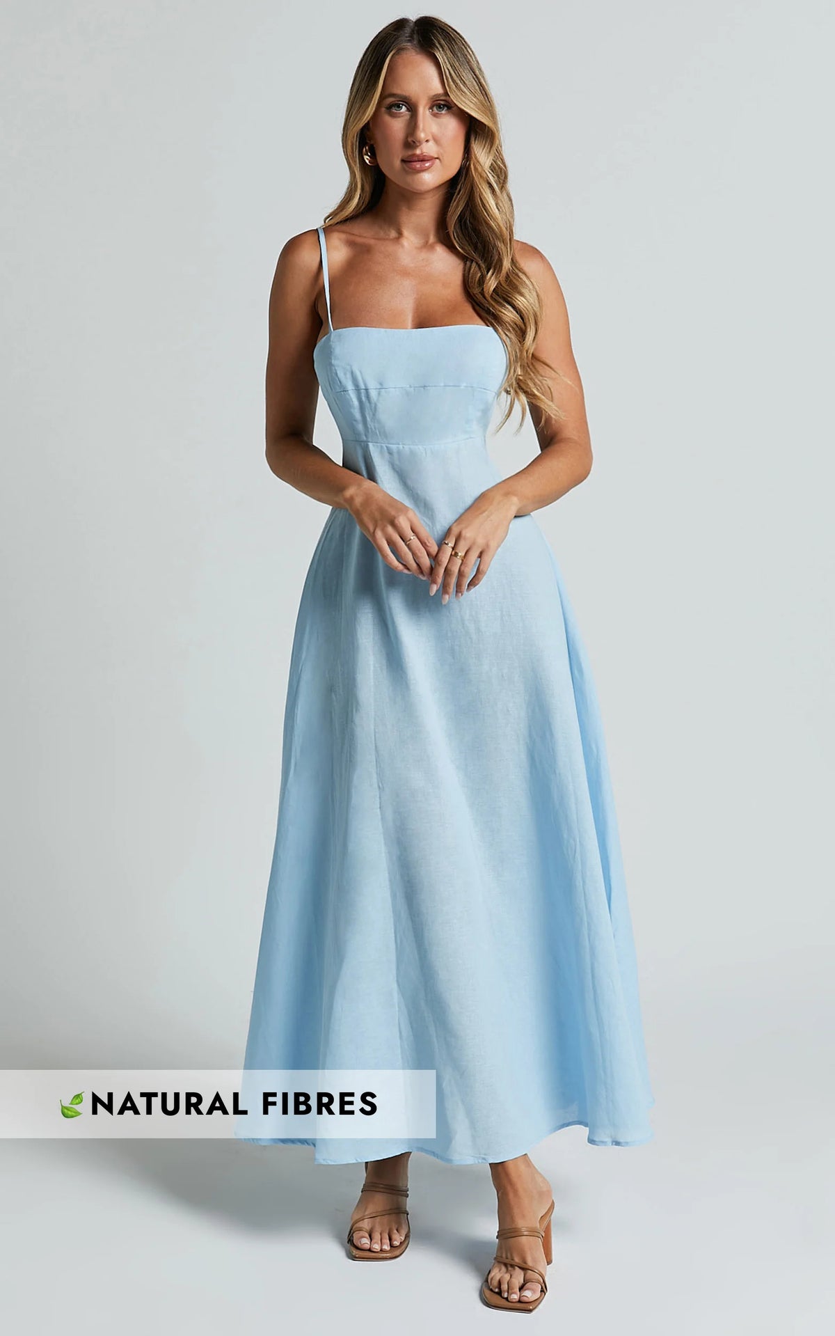 Linen Straight Neck Strappy Fit And Flare Dress in Blue