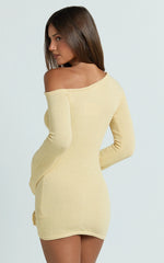 Tipped Shoulder 3D Floral Knit Dress in Lemon