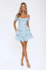Pretty In The Sun Off Shoulder Mini Dress Blue