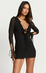 Ruffle Plunge Neck Long Sleeve Tie Detail Dress in Black
