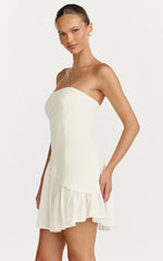 Strapless Gathered Asymmetric Dropped Waist Dress in White