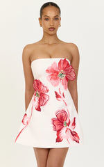 Strapless Floral Print Embroidered Dress in Water Colour Poppy Print