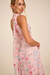 Adeline Light Pink Floral One-Shoulder Scarf Maxi Dress
