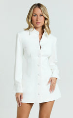 Button Front Pleat Waist Tulip Skirt Shirtdress in White