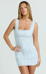 Square Neck Lace Trim A Line Mini Dress in Blue