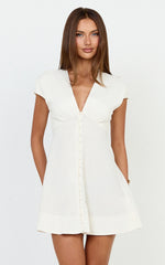 Linen V Neck A Line Dress in White