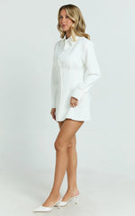 Button Front Pleat Waist Tulip Skirt Shirtdress in White
