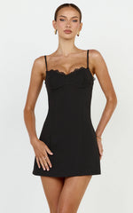 Fitted Balconette Lace Trim Dress in Black