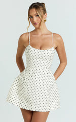 Scoop Neck Panel Bodice Dress in White Polka Dot