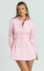 Button Front Pleat Waist Tulip Skirt Shirtdress in Pink