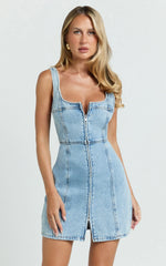 Square Neck Zip Front Sleeveless Bodycon Denim in Light Blue Wash