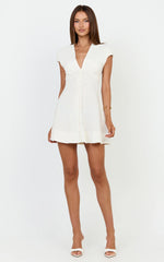 Linen V Neck A Line Dress in White