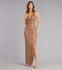 Maren Floral Sequin Mesh Halter Formal Dress