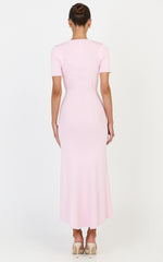 Knitted Crew Neck Short Sleeve Dress in Pink
