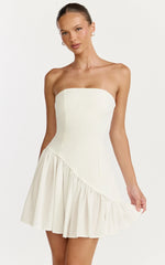 Strapless Gathered Asymmetric Dropped Waist Dress in White