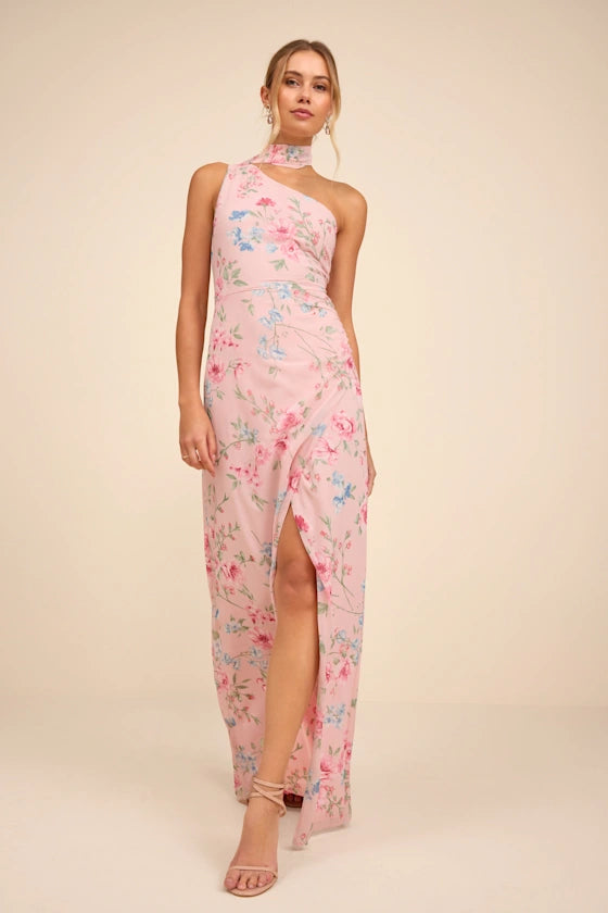 Adeline Light Pink Floral One-Shoulder Scarf Maxi Dress