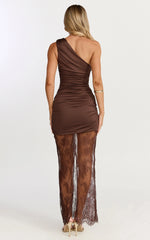 One Shoulder Lace Contrast Dress in Chocolate