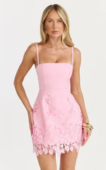 Strapless Broderie Cut Out Border Hem Dress in Pink