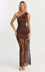 One Shoulder Lace Contrast Dress in Chocolate