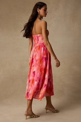 Aysel Coral Pink Abstract Strapless Bustier Midi Dress