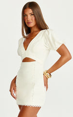 V Neck Puff Sleeve Dress in White