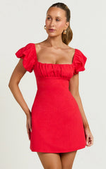 Square Neck Ruched Bodice Puff Sleeve Straight Dress in Red