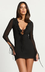 Ruffle Plunge Neck Long Sleeve Tie Detail Dress in Black