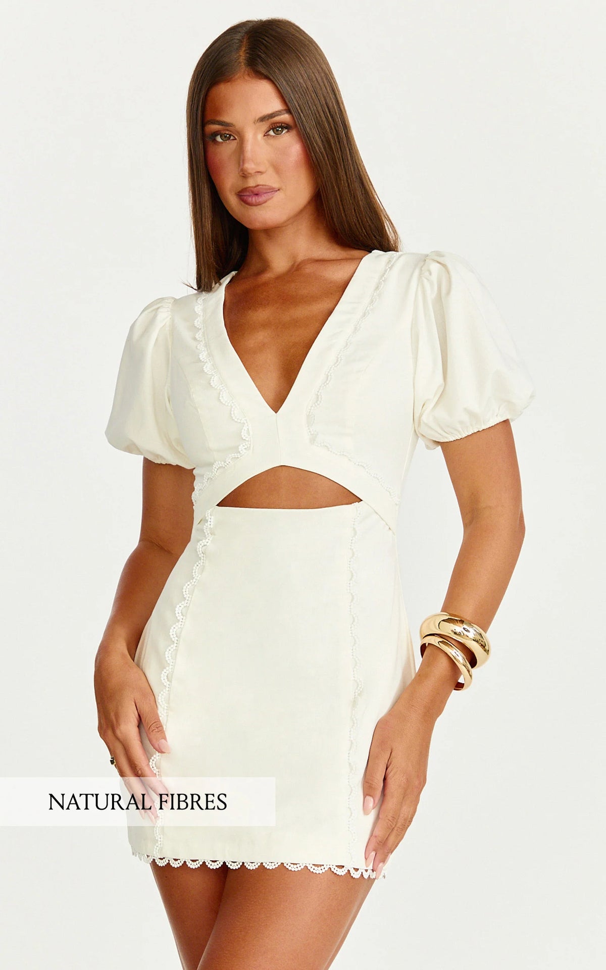 V Neck Puff Sleeve Dress in White