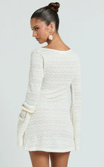 Beaded Keyhole Neckline Long Sleeve Dress in Ivory